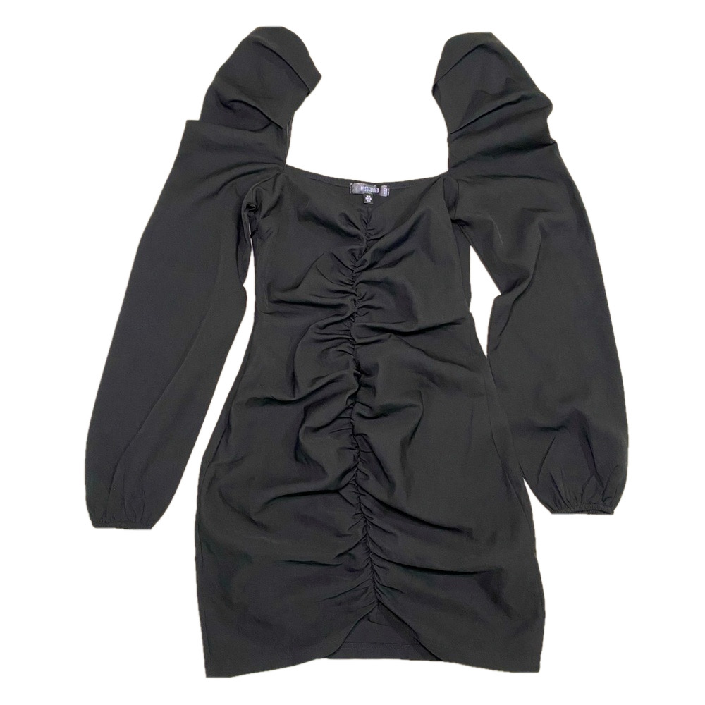 Misguided Black party datenight casual long puff sleeve witchy midi dress in s-4
